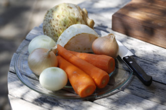 Southern German cuisine, preparing vegetables, raw carrots, celery, onions, vegetarian, vegan,