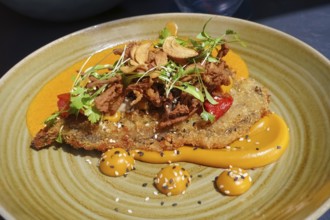 Vegan crispy eggplant, braised and baked, tikka masala, dates, sweet potato cream, enoki, sesame,