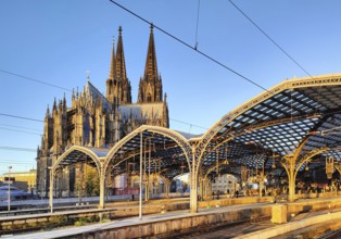 Central station with platform roof and cathedral early in the morning, Cologne, Rhineland, North