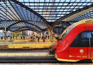 Central Station with regional express and view of the cathedral through the platform roof early in