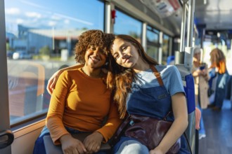 Young women friends sharing a cheerful moment on a city bus, sitting close with arms around each