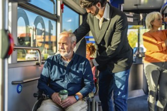 Young person assisting a senior man in a wheelchair on public transportation, ensuring