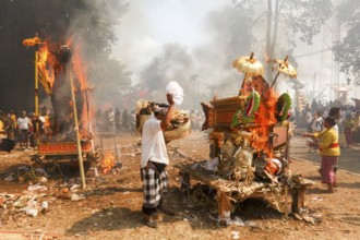 The coffins are incinerated during a corpse cremation (Ngaben) Gianyar, Bali, Indonesia