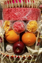 Sacrifices, fruit and rice pastries at a corpse ceremony (Ngaben) in Ubud, Bali, Indonesia