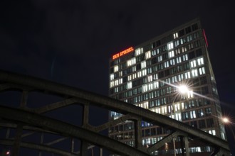 Night view, publishing house Der Spiegel, lettering, mirror building, Hafencity, Free and Hanseatic