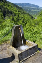 Water flows from a rustic well with a green forested mountain backdrop, water point near Khulo,