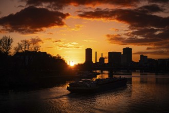 The sun sets behind the Main and Frankfurt Westhafen Tower, Alte Brücke, Frankfurt am Main, Hesse,
