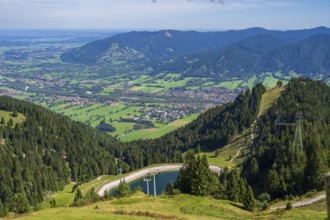 View from Brauneck to Lenggries, front reservoir, Bavarian Prealps, Isarwinkel, Lenggries, Upper