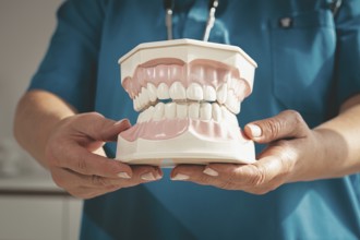 Dentist holds in his hands, dental model of teeth, in the clinic, natural light
