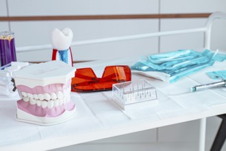 Various instruments, dental models, and hygiene items are laid out on the table in the dental