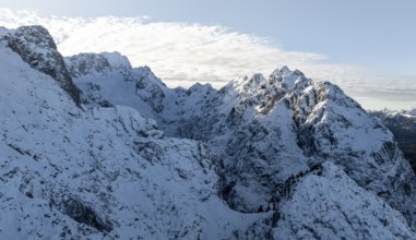 Wonderful winter landscape with Zugspitze and Waxenstein, blue sky and snow, mountains and mountain