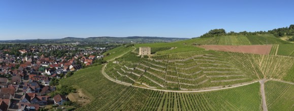 View of vineyards and a village in the hills with a central stone house, Y-Burg, Stetten im