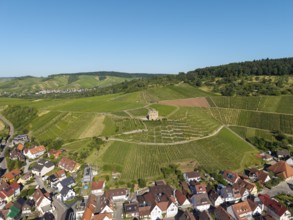 Town on the edge of the vineyards, with an old building in the center of the hills, Y-Burg, Stetten