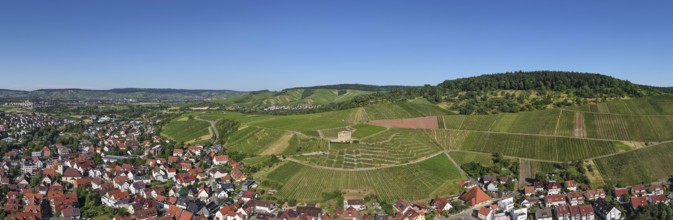 Wide panoramic view of a village and surrounding vineyards, Y-Burg, Stetten im Remstal,