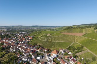 Aerial view of a village next to green vineyards under clear sky, Y-Burg, Stetten im Remstal,
