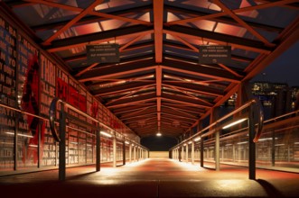 Night shot, covered pier harbour ferry, stage theater, musical, Free and Hanseatic City of Hamburg,