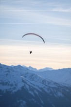 Paragliders flying over snowy mountain peaks in winter in evening light, Kitzbühel Alps, Tyrol,