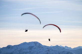 Two paragliders flying in front of snowy mountain peaks in the evening light in winter, Kitzbühel