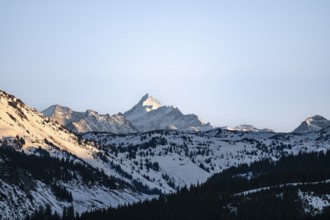 Summit of Grossglockner in evening light in winter, Hochbrixen, Brixen im Thale, Tyrol, Austria