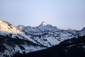 Summit of Grossglockner in winter in evening light, view from the Hohe Salve, Tyrol, Austria