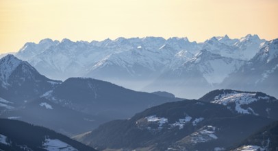 Mountain panorama with peaks of the Karwendel Mountains in winter in evening light, view from the