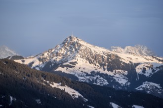 Summit of the Kitzbühler Horn in the evening light in winter, Hochbrixen, Brixen im Thale, Tyrol,