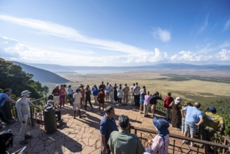Tourists on the Crater Viewpoint observation deck, view of Ngorongoro Crater, Ngorongoro