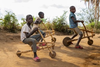 Children on a wooden scooter, homemade toy, in a traditional village, Sadaani, Tanzania