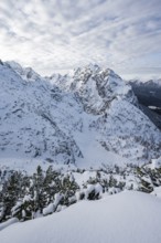 View of snowy Waxenstein, view from Längenfelderkopf in winter, Wetterstein Mountains,