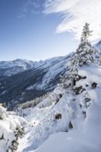 View over snow-covered side valley towards Reintal, snowy mountain landscape, ascent to