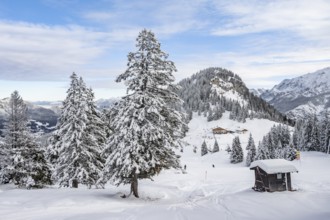 Beautiful mountain landscape in the Garmisch Classic ski area with Kreuzalm, in winter, Wetterstein