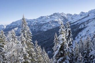 Snowy mountain landscape, ascent to Längenfelderkopf, view of Dreitorspitze, Wetterstein Mountains,