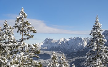 Snowy mountain landscape, view of Karwendel mountain range summit, ascent to Längenfelderkopf, in