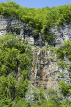 Small waterfall flows over a steep rock face surrounded by green forest, Okatse waterfall, Kinchkha