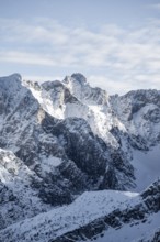 View of snowy peaks of Zugspitze, view from Längenfelderkopf in winter, Wetterstein Mountains,