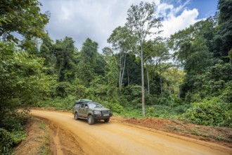 Toyota Hilux SUV drives on a dirt road through dense vegetation in tropical rainforest, Amani