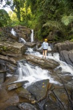 Tourist at Derema Waterfall, flows through dense vegetation, tropical rainforest in Amani Nature