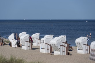 White beach chairs on the Baltic Sea beach, Mecklenburg-Western Pomerania, Germany