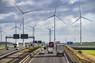 A44 motorway near Bedburg, in front of the Jackerath triangle, recultivated open-cast mining site,