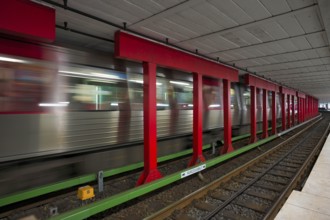 Subway station, underground incoming train, movement effect, empty, platform, stop, train station,