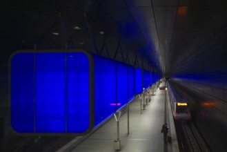 HafenCity University subway station, illuminated in color, blue, underground train, movement