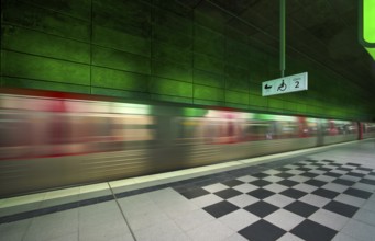 HafenCity University underground station, illuminated in color, green, underground train, movement