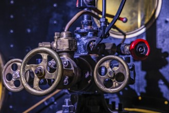 Levers and actuators in the tank car of a historic steam locomotive, Eisenbahnmuseum, Augsburg