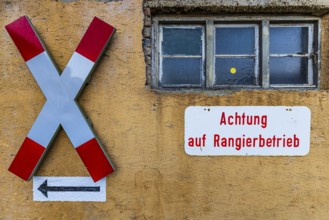 St. Andrew's cross and sign on marshalling, Augsburg railway park, Regierungsbezirk Swabia,