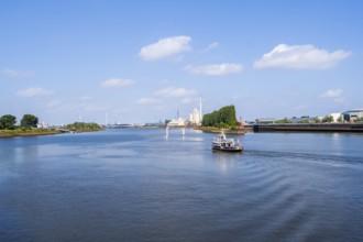 Ship on the Weser at the grain port, Überseestadt, Bremen, Germany