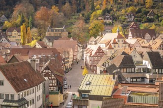 View of an old town with half-timbered houses and autumn trees in the area, Calw, Black Forest,