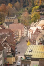 Narrow streets and half-timbered houses in an old town surrounded by autumnal nature, Calw, Black