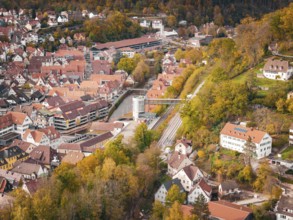 Wide angle view of the city with densely packed roofs and autumn trees in the area, Calw, Black