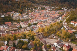 Bird's eye view of a picturesque urban landscape surrounded by forest and autumn colors, Calw,