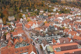 Aerial view of a historic old town with reddish brown roofs and half-timbered houses in autumn,